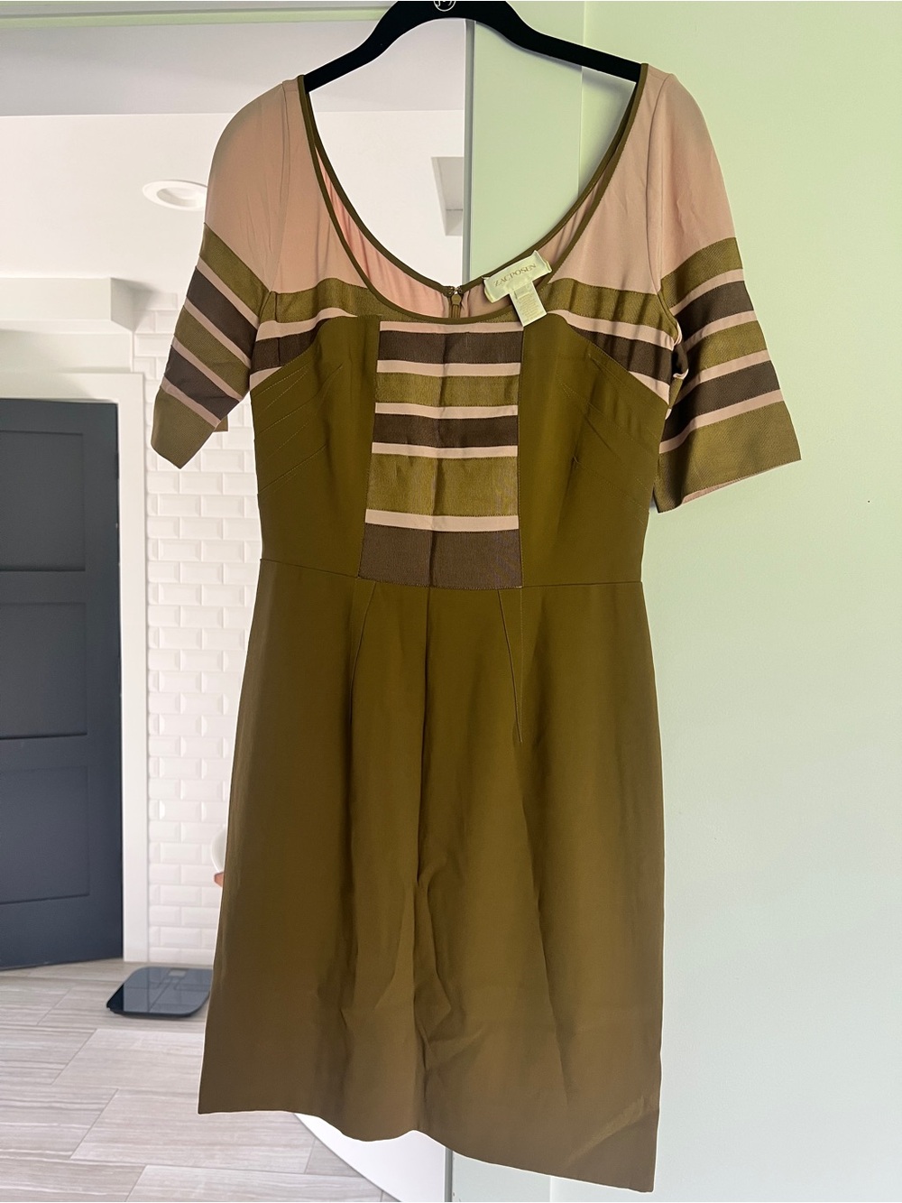 2010 Zac Posen Olive and Blush Striped Bodycon ish Dress size 6 - Picture 10 of 12